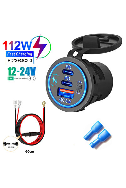 Choice مقبس شاحن سيارة أزرق مع خطوط PD3.0 و QC3.0 منفذي USB C مقاوم للماء مع ...