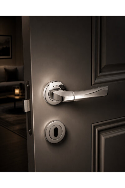 İSTANBUL DOOR HANDLES Kristal Nikel Saten Daire Rozetli Oda Kapı Kolu - 1 Takım