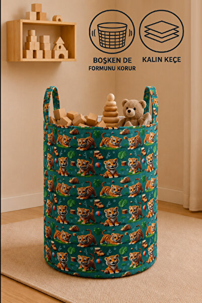 Paris Home Tiger Patterned Thick Felt Toy and Laundry Basket 34X50 cm Multi-P...