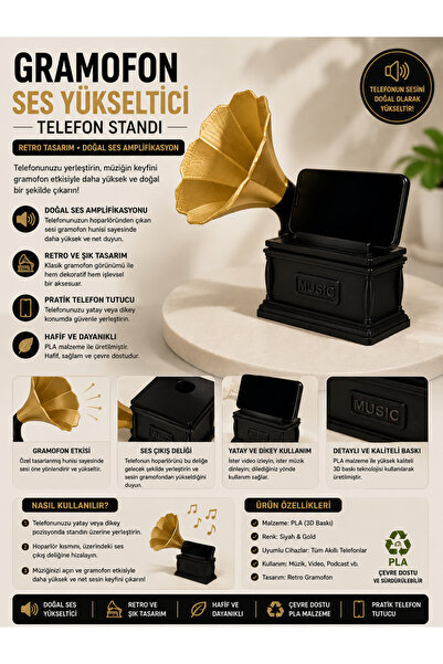 Filamel Nostaljik Gramofon Tasarımlı Akustik Telefon Standı - Elektriksiz Ses...