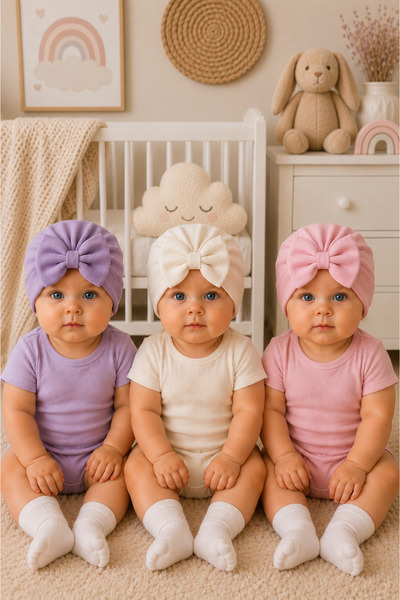 Pico Baby Fiyonklu Bebek Bone 3'lü Set- Krem/Mor/Pembe