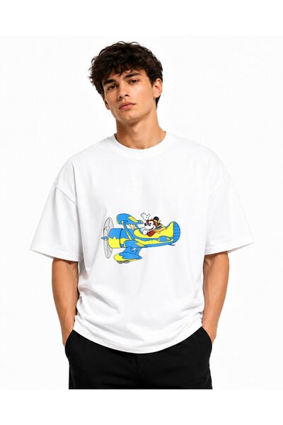 Inscriptie Tricou Unisex Bumbac Premium Casual " Mickey Mouse in avion "