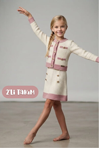 Hilal Akıncı Kids Момичешки комплект от две части: плетена блуза със златни к...