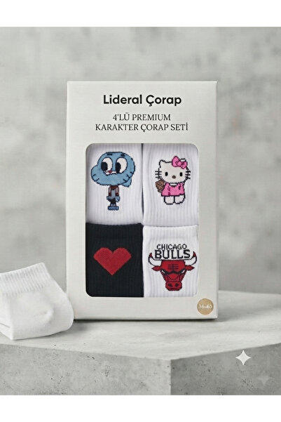 Lideral Unisex 4'lü Karma Paket Çizgi Karakter Nakışlı Kolej Çorap Seti