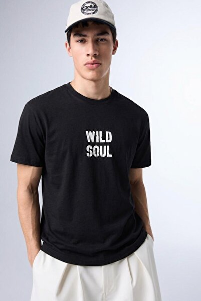 comstar Men's Wild Soul Text Print Oversize Black Loose T-Shirt