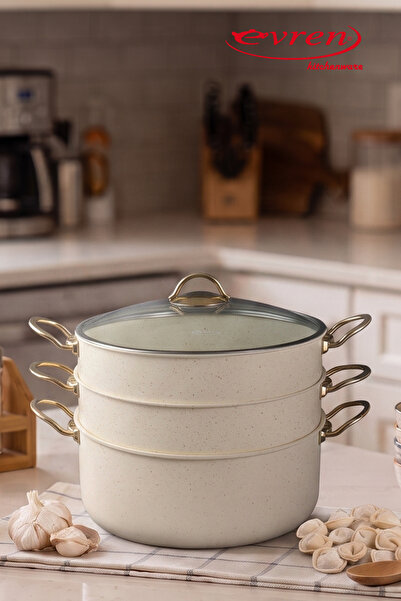 EVREN MUTFAK 4 Piece 30 cm Cream Ezze Series Steamer, Ravioli Pot Set 7.5 Lt