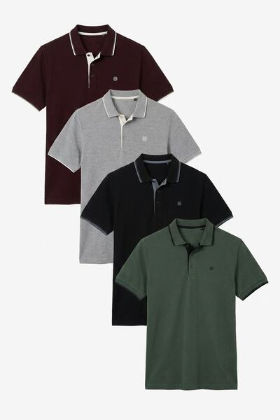 Buratti Pamuklu Regular Fit Şerit Detaylı Düğmeli Polo Yaka 4'lü Paket T Shir...