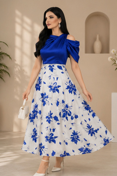 Stylish Fashion فستان من ستايلش فاشن تركي ساتان طويل مورد باللون الكحلي بحزام...