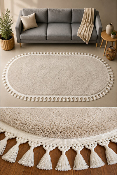SANRUGS Home & Living Bej Renk, Akrilik Püsküllü Oval Kesim Post Peluş Yumuşa...