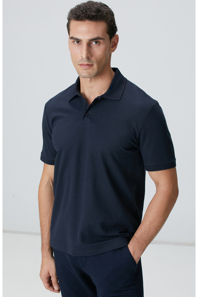 Network Lacivert Polo Yaka Düğmeli Jakarlı T-Shirt