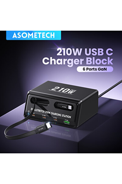 Choice3 EU Plug 6 in 1 GaN USB C Fast Charging Station Retractable Type C Cab...