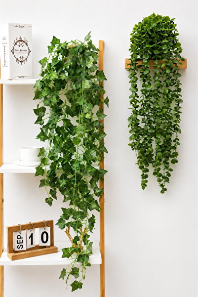 H&E LUXURY DESIGN 2'li Koyu Yeşil Okaliptus 50cm ve Sarmaşık Sarkıt 80cm Set ...
