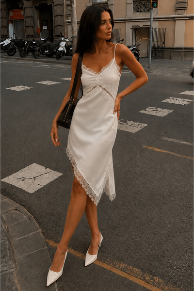 Seeh White Lace Asymmetric Satin Women's Dress SH349