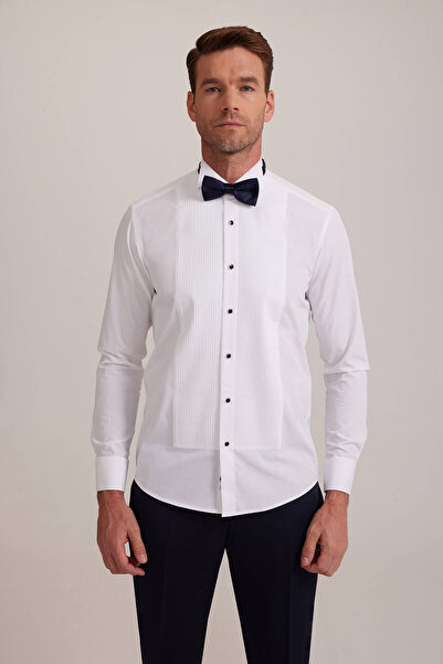 Ysf Erkek Beyaz Ata Yaka Slim Fit Piliseli Gömlek