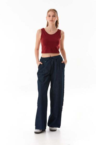 Fulla Moda Beli Bağlamalı Yanları Şeritli Wide Leg Jean