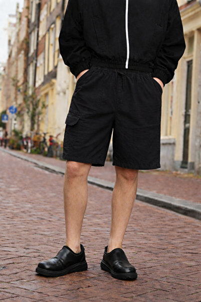 DAMGA JEANS Men's Premium Jogger Relax Black Linen Shorts with Cargo Pockets