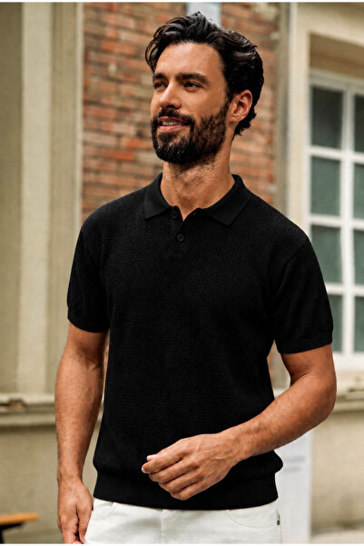 DAMGA JEANS Men's Polo Collar Textured Black Knitwear Short Sleeve T-Shirt