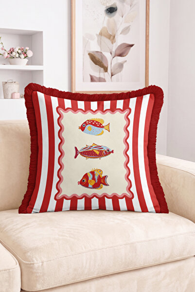 Realhomes Red and White Striped Fringed Throw Pillow Cover with Colorful Fish...