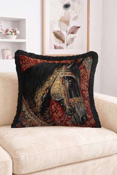 Realhomes Embroidered Black Horse Figured Burgundy Floral Patterned Fringed T...
