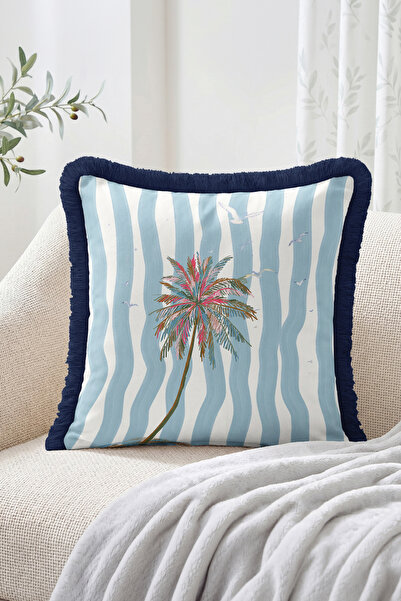 Realhomes Wavy Striped Fringed Throw Pillow Cover with Palm Tree and Flying S...