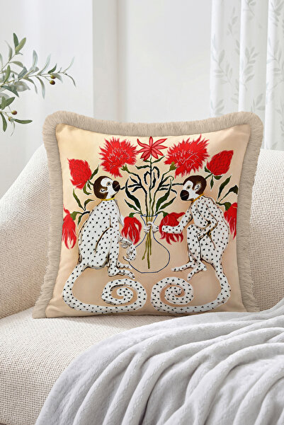 Realhomes Beige Fringed Throw Pillow Cover with Red Flower Bouquet and Two Mo...