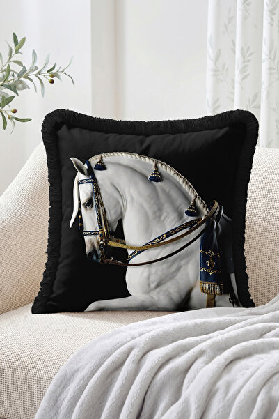 Realhomes White Horse on Black Background and Navy Blue Gold Detailed Saddle ...
