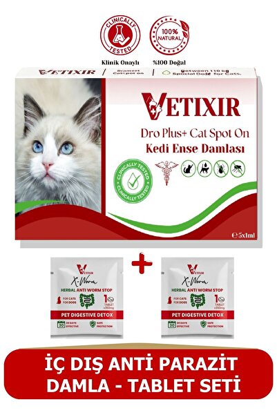 VETIXIR 2'li Set Kedi Bitkisel İç Dış Anti Parazit Ense Bitkisel Damla Seti -...