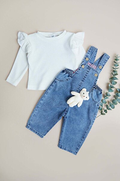 Fulla Moda %100 Pamuk Ayıcık Aksesuarlı Kız Çocuk 2 Li Salopet Takım