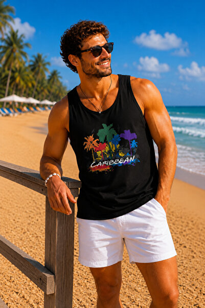 İLKCET MODA Men's Beach Themed Printed Oversize Tank Top