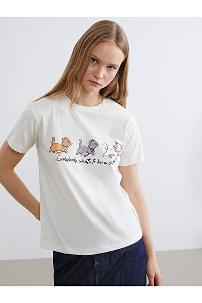 LC Waikiki Xside Beige Aristocats Printed 100% Cotton Women's T-Shirt