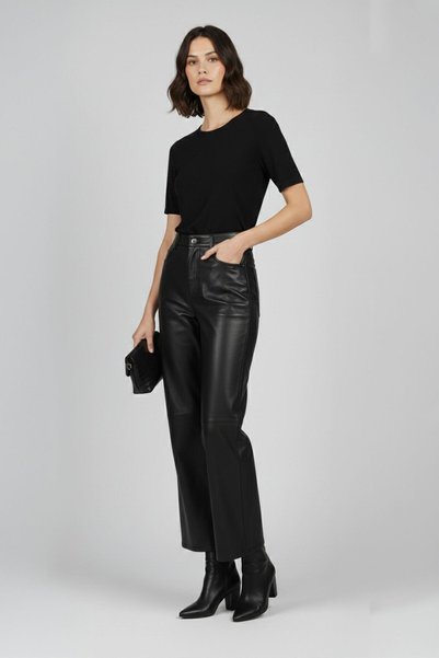 Deriderim Black Nora Genuine Leather Wide Leg Women's Trousers