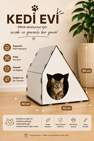 Minar Kedi Evi Kedi Yuvası Kedi Yatağı MDF Kedi Oyun Evi 42x40x40 cm Beyaz