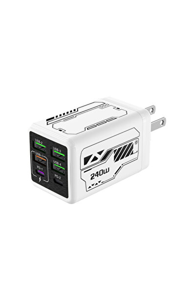 Choice6 شاحن أبيض أمريكي 6 في 1 بقوة 240 واط من نوع C مع شحن سريع PD ومحول طا...