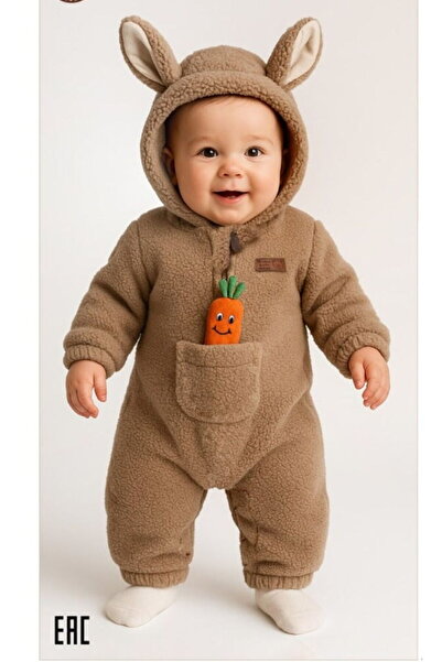 3026 Wofim Unisex Bebek Natural Welsoft Şapkalı Cep Havuç Detaylı Tulum