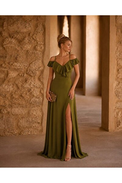 Modafeminen Straps Shoulder Ruffle Slit Evening Dress 582190 Pistachio Green