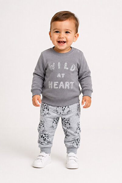 Mou&Kou Wild at Heart Patterned 100% Cotton Combed Cotton Baby Sweatshirt Pan...