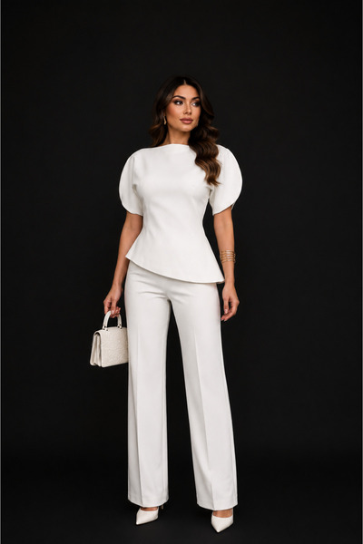 BNGL Boutique Bele oturan bluz & pallazzo pantolon beyaz takım