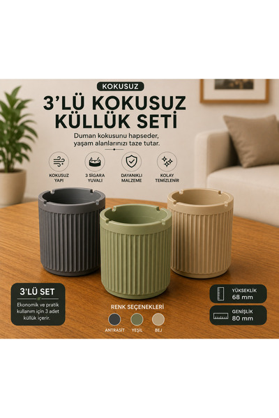 Poliwork 3'lü Kokusuz Küllük Seti Plastik Sigara Küllüğü Yanmaz Plastik Dekor...