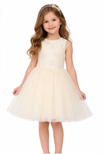 nk kids NK Kız Çocuk Pul Payetli Tül Etekli Abiye Elbise 4-8 Yaş KREM