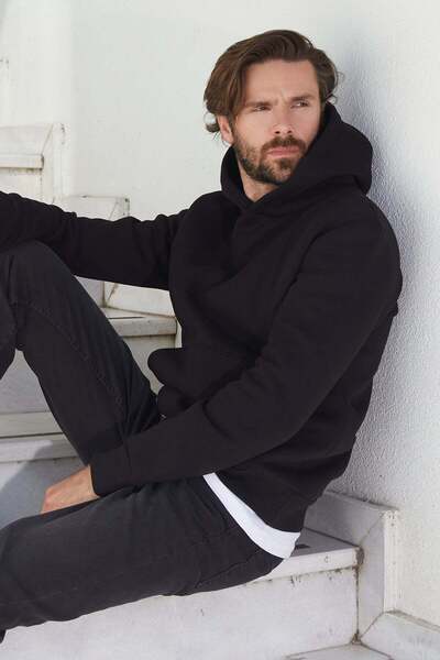 Fulla Moda 3 İplik Basic Kanguru Cepli Slim Fit Kapüşonlu Sweatshirt