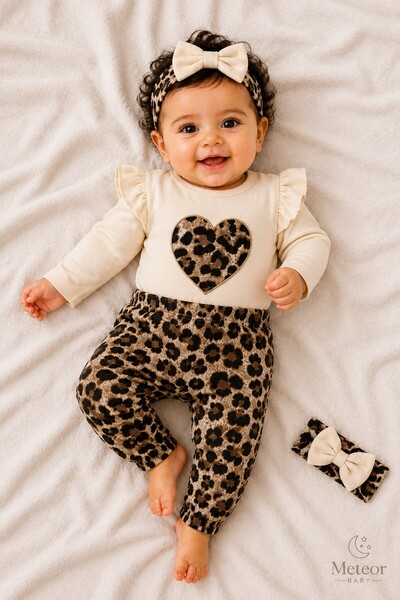 METEOR BABY Baby Girl Set Leopard Patterned 3-Piece Baby Girl Set Body Pants ...