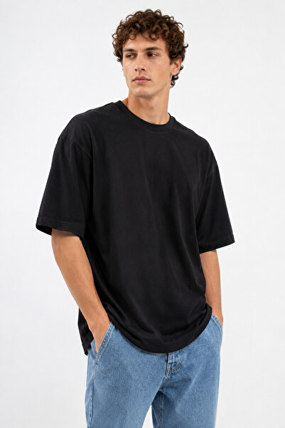 Generic Brand 100% Βαμβάκι Ανδρικό Oversize Βασικό Μαύρο T-Shirt Άνετη Εφαρμο...