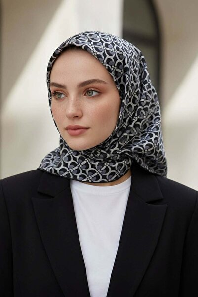 Vissona 100% twill silk geometric pattern black - smoky colored 90x90 scarf s...