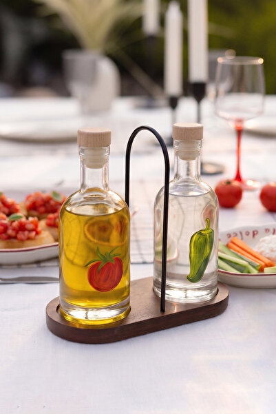 Rakle X Bengi Kurtcebe Pomodoro 2-Piece Oil and Vinegar Set with Bamboo Stand...