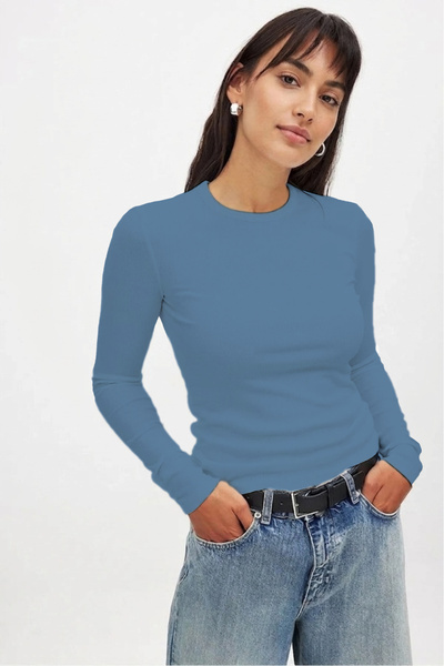 CHEISU Women's Light Indigo Long Sleeve Crew Neck T-Shirt Blouse Camisole Ribbed