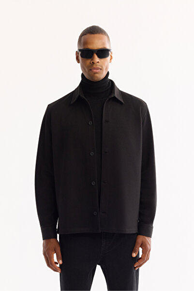 Avva Men's Black Classic Collar Jersey Comfort Fit Shirt Jacket A52Y2043