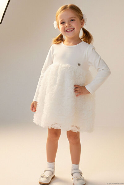Breeze Girl's Long Sleeve Dress with Organza Embossed Floral Skirt Part Tulle...