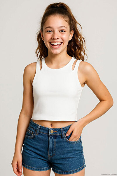 Breeze Girl's Crop T-Shirt with Double Strap Shoulder Detail, Ages 9-16, Ecru