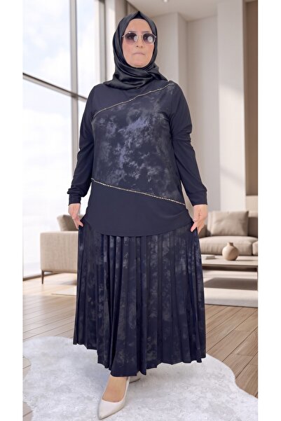 yagmurberen Elastic Waist Pleated Skirt Stone Embroidered Crewneck Blouse Plu...