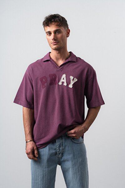 Respire Men's Pray Embroidered Polo Collar Oversize T-Shirt Cherry